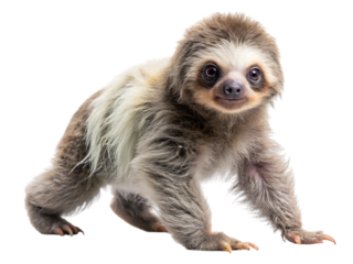 Adorable baby sloth in a side view posture walking slowly isolated on a cutout