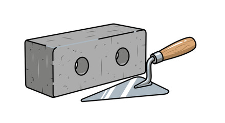 Illustrated grey concrete block with two holes and a silver trowel with a wooden handle