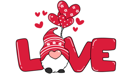 Cute gnome holding hearts with love text, romantic valentine’s day illustration