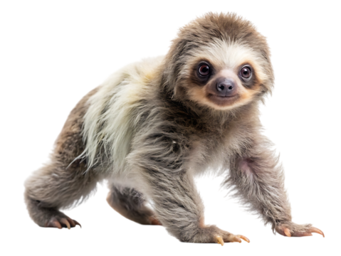 Adorable baby sloth in a side view posture walking slowly isolated on a cutout