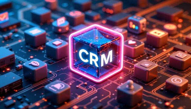 image visual representation of the CRM system in the form of cubes, where in the middle is a cube with the inscription CRM