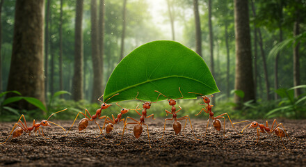 A group of ants working together to lift a large leaf on a tropical forest floor under sunlight