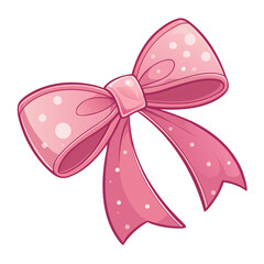 Illustration of a pink decorative bow with white polka dots. Cute glossy ribbon isolated on white background, elegant girly accessory perfect for gifts, celebration design, packaging