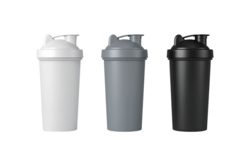 Three Protein Shaker Bottles in White Gray and Black for Fitness and Health