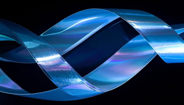 Fluid iridescent blue ribbons intertwine against dark. Elegant abstract design. - Powered by Adobe