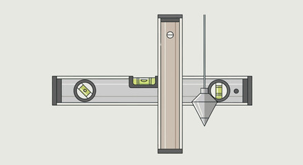 Grey spirit levels and plumb bob, flat vector illustration for precise horizontal and vertical alignment