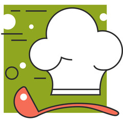 White Chef Hat and Red Ladle Icon on a Green Background with White Circles and Dark Lines Simple Illustration