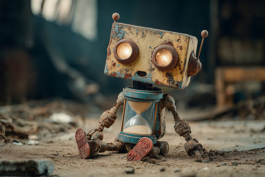 Alter Roboter mit Sanduhr &ndash; Symbol f&uuml;r Zeit, Verg&auml;nglichkeit und k&uuml;nstliche Intelligenz