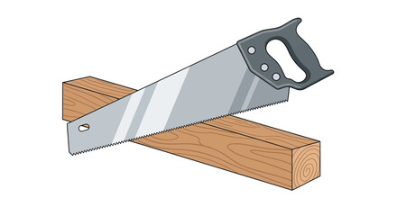 Vector illustration of a metal handsaw with a dark grey handle sawing a wooden block.