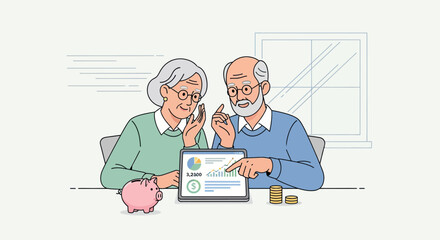 Grey-haired senior couple reviewing financial charts on tablet, piggy bank, and coins, flat illustration style.