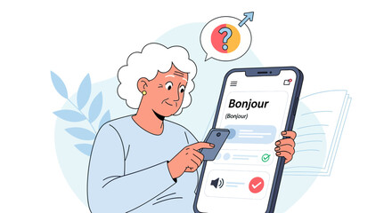 Elderly woman learning French using a smartphone language app