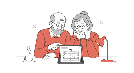 Elderly couple in red sweaters thoughtfully analyzing a comparison chart on a digital tablet screen.