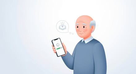 Elderly Man Holding Smartphone with Loading Bar and Thought Bubble