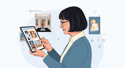 Illustrated mature woman with glasses, short dark hair, focused on a tablet, browsing digital art.