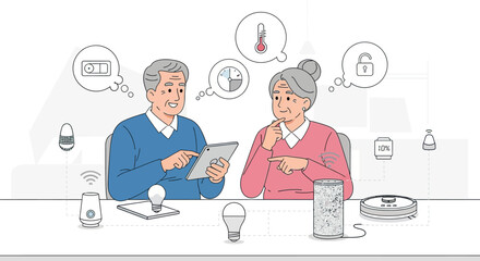 Elderly Couple Interacting with Smart Home Technology, Tablet in Hand