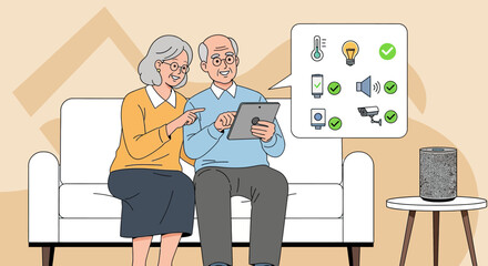 Elderly Couple Interacting with Smart Home Technology on Tablet