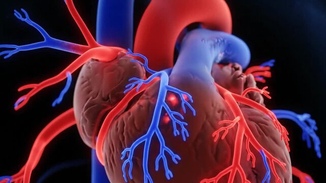 Dynamic 3D Animation of a Beating Human Heart with Visible Arteries, Veins, and Electrical Impulse.