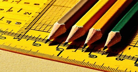 Stationery items rest upon graph paper. Pencils, ruler create geometric lines, shadows, warm tones. School supplies suggest learning, design.