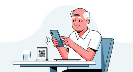Senior man scanning QR code with blue smartphone, modern flat vector illustration.
