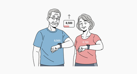 Senior Couple Checking Fitness Trackers, Displaying Steps, Wearing T-shirts, Smiling