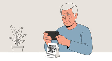Senior Man Scanning QR Code with Smartphone, Digital Interaction