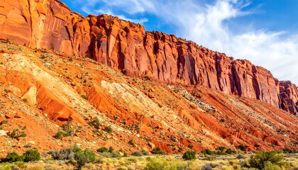 A large, striking sandstone cliff face, ablaze with red hues, rises under a partly cloudy sky. Sparse vegetation dots the lower slopes