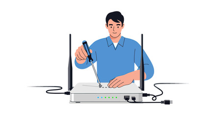 Man with screwdriver fixing a wireless internet router with antennas