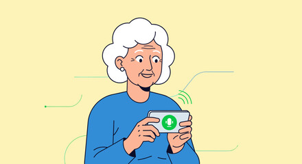 Elderly Woman Holding Smartphone with Voice Assistant Active
