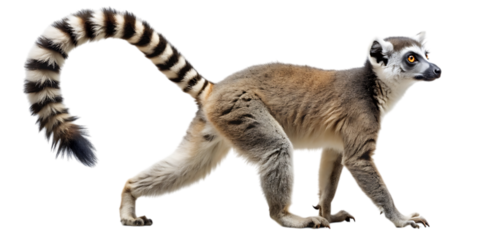 Ring-tailed lemur walking side profile isolated studio shot detailed fur texture