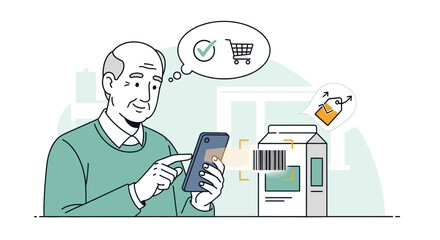 Elderly man scanning product barcode with smartphone for online shopping