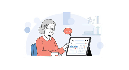 Smiling senior woman with glasses using a smart AI calendar application on her tablet device.