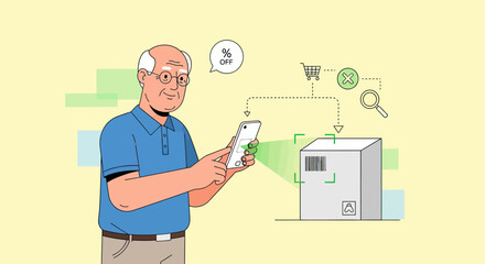 Elderly man using smartphone to scan barcode on product box