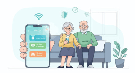 Elderly couple using smartphone for home security system control