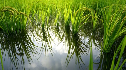 A verdant rice paddy at midday with mirror-like water and crisp green shoots 
