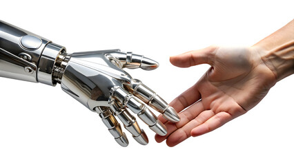 A human hand and a robotic hand reaching towards each other symbolize the connection between humans and artificial intelligence in a futuristic concept of technology and humanity.