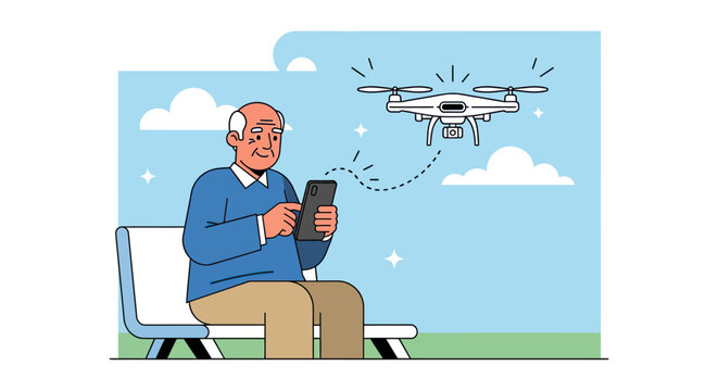 Elderly man operating a drone with a smartphone on a bench