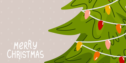Christmas banner with decorated Christmas tree and colorful lights on light background with snowflakes. Merry Christmas text. Cozy festive design for holiday greetings © Iryna