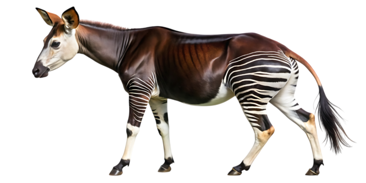 Side view of a rare okapi walking in profile displaying striped legs and unique markings on a