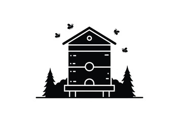 Vector art of beehive with bees and trees silhouette