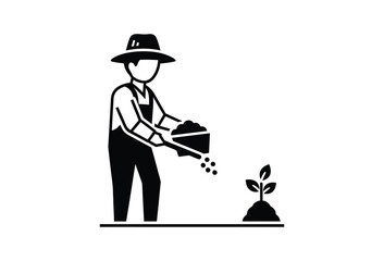 Vector art of farmer planting young seedling in pot