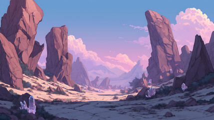 Serene Desert Landscape with Majestic Mountains and Pink Clouds at Sunset - Vibrant Digital Art of a Dreamlike Exploration with Tranquil Wilderness and Vast Horizons