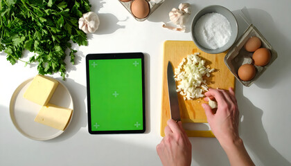 Hands chopping ingredients on a cutting board with a tablet nearby.