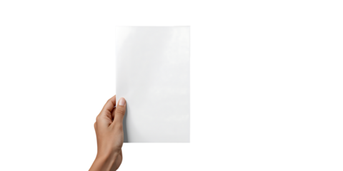 Womans hand holding blank white paper sheet against black background for mockup designs and advertising materials presentation
