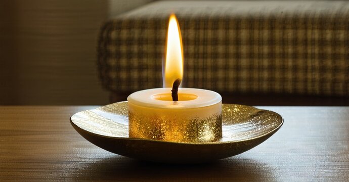 Burning candle rests within golden dish. Soft light illuminates wooden surface, creating warm ambiance. Focus is on flame.