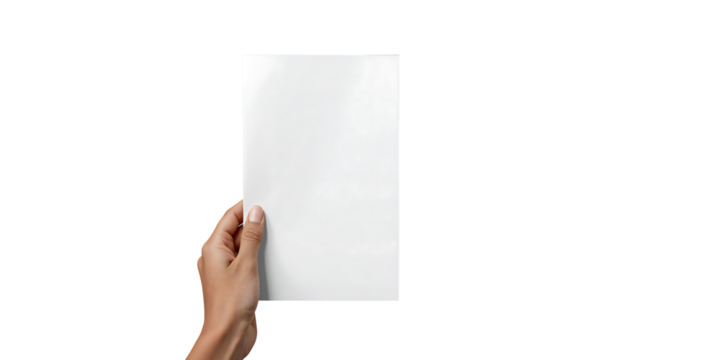 Womans hand holding blank white paper sheet against black background for mockup designs and advertising materials presentation