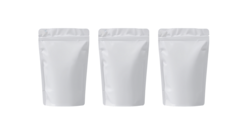 Three Blank White Stand Up Pouches with Zipper Closure for Packaging Design Presentation