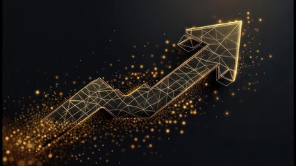 Abstract graphic of a rising arrow, polygonal design, golden highlights, dark background