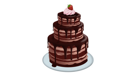Three layer chocolate cake with strawberry cream topping, Delicious chocolate dessert with dripping icing and strawberry decoration