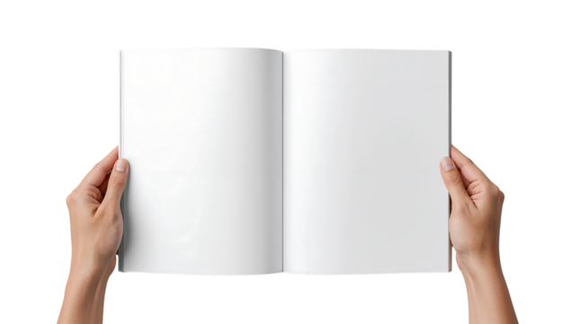 Open blank magazine in hands showcasing a clean spread for advertising design and layout mockups on black background