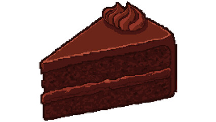 Delicious chocolate cake slice with dripping chocolate syrup isolated on white background, Sweet dessert piece with rich chocolate icing and topping cubes